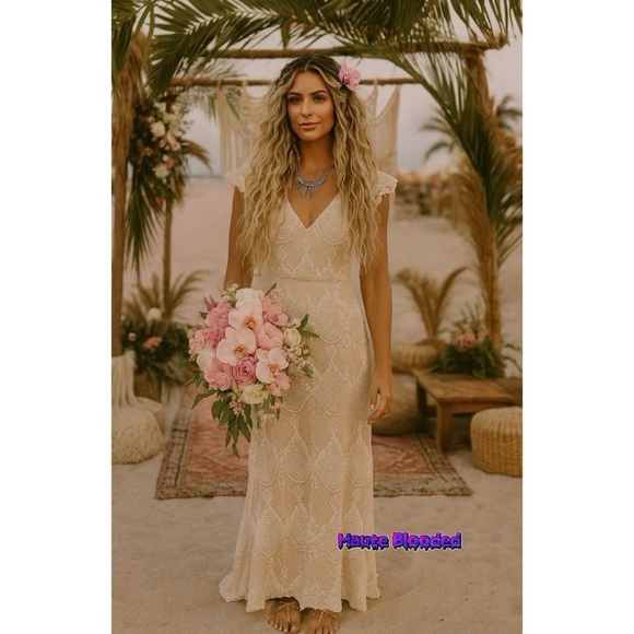 Aqua Dress 70's Boho Beach Destination Wedding Lace Crochet Bohemian Cottagecore - Picture 16 of 16